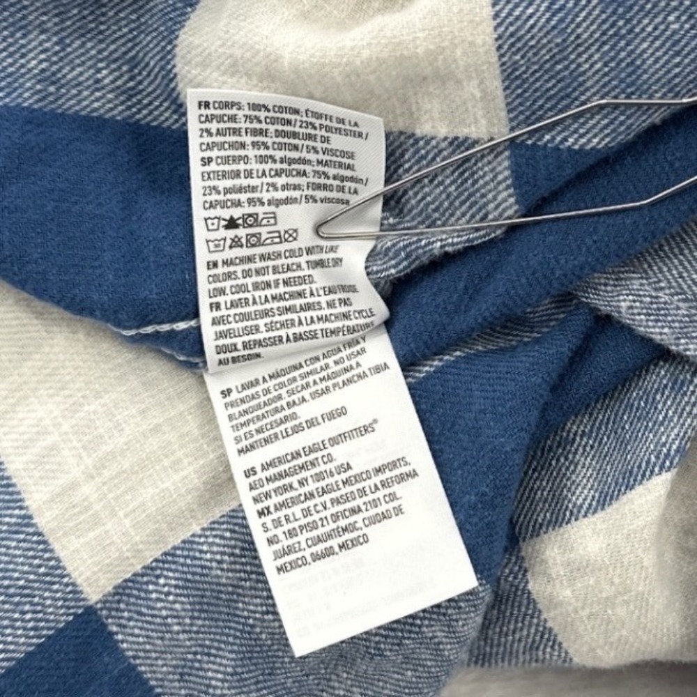 American Eagle Mens Hoodie Shirt Large Blue Plaid Super Soft Flannel Hooded - Picture 12 of 13